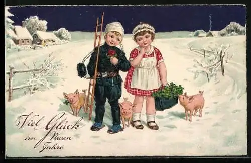 AK Kleiner Schornsteinfeger mit Mädchen und drei Ferkeln im Schnee, Neujahrsgruss