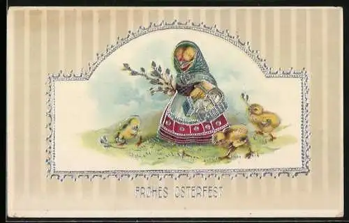 AK Osterküken mit einem Korb voller Ostereier, Frohes Osterfest