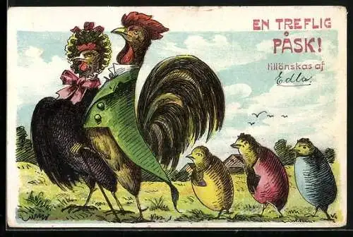 AK Hahn und Henne mit drei Osterküken