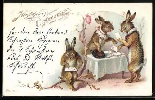 AK Drei Osterhasen sortieren Briefe