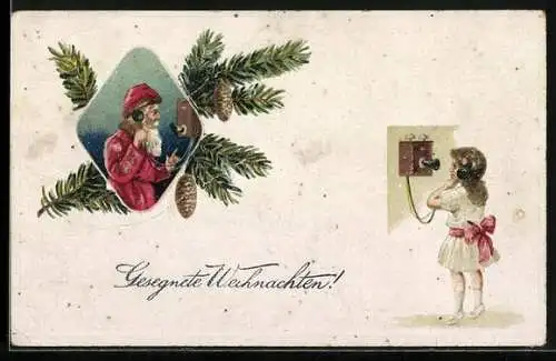 AK Mädchen telefoniert mit dem Weihnachtsmann