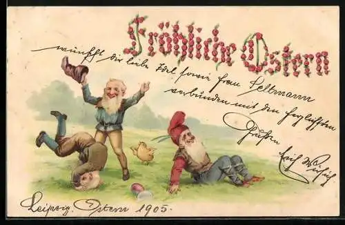 Präge-AK Zwerge feiern Ostern auf einer Wiese