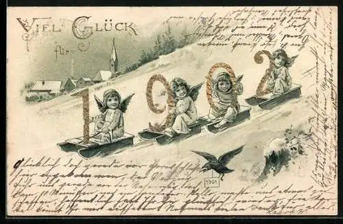 AK Kleine Neujahrsengel rodeln mit der Jahreszahl 1902 einen Hang hinab