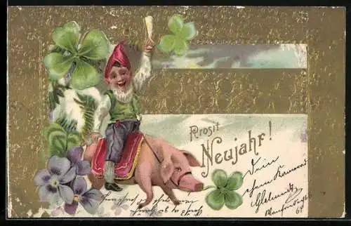 Lithographie Zwerg beim Ritt auf einem Schwein, Neujahrsgruss, Kleeblätter