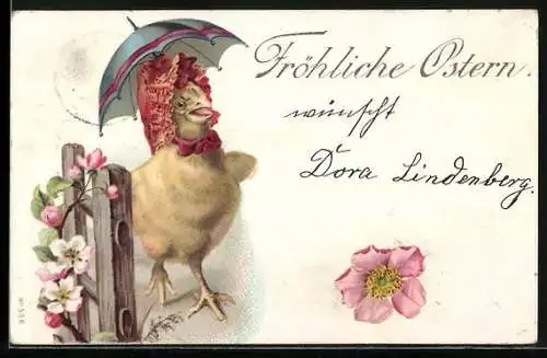 AK Osterküken mit Haube und Regenschirm