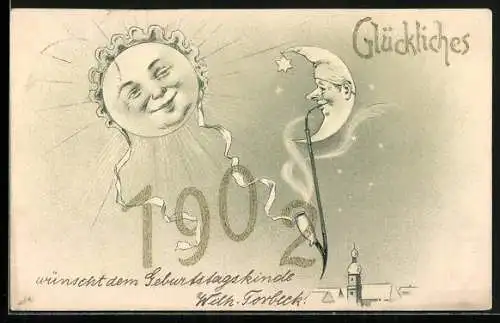 AK Jahreszahl 1902, Pfeife rauchender Mond mit Mütze