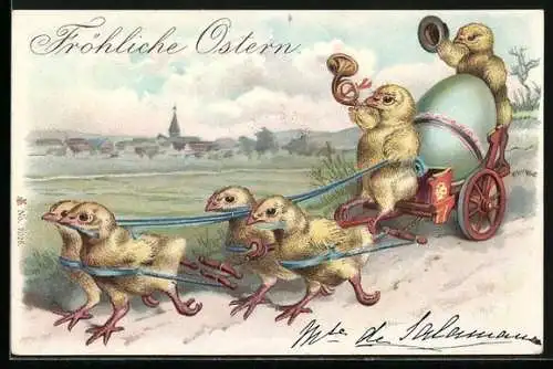 AK Osterküken ziehen ein grosses Osterei auf einem Wagen