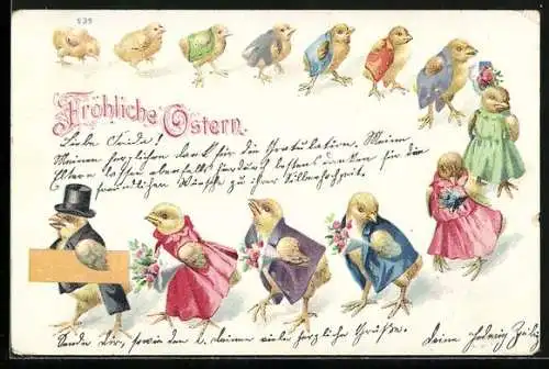 AK Osterküken gratulieren mit Blumensträussen zu Ostern