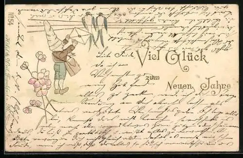 AK Zwerg bringt Schwalben einen Brief, Neujahrsgruss