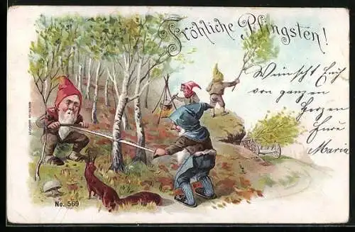 AK Zwerge fällen einen Baum, Eichhörnchen, Pfingstgruss
