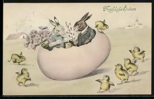 AK Osterhasen sitzen in einer Eierschale