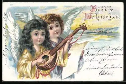 Künstler-AK Kleine Weihnachtsengel musizieren mit Laute