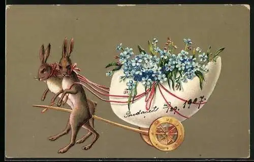 Präge-AK Osterhasen ziehen ein Osterei voller Vergissmeinnicht