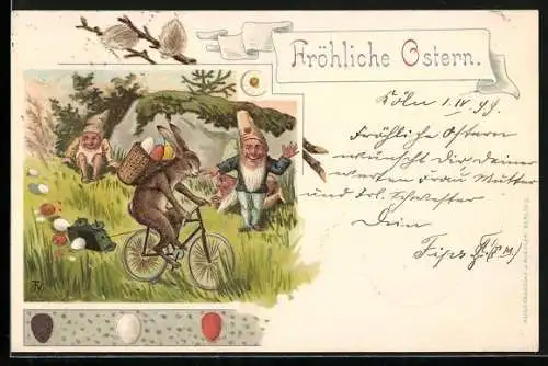 AK Zwerg winkt einem Osterhasen auf einem Fahrrad