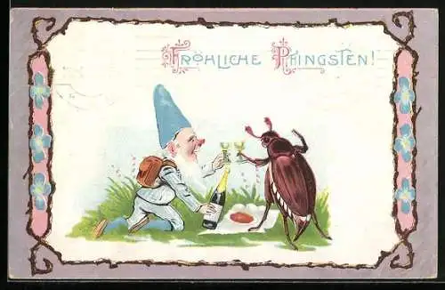 AK Zwerg und Maikäfer prosten sich zu, Pfingstgruss