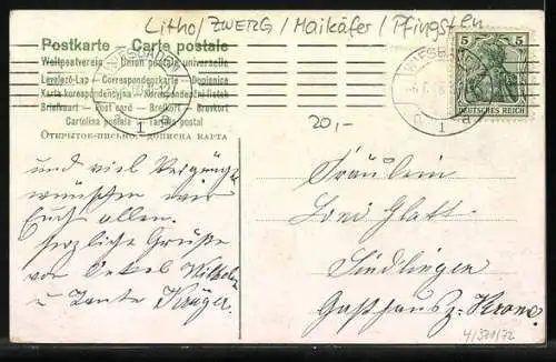 AK Zwerg und Maikäfer prosten sich zu, Pfingstgruss