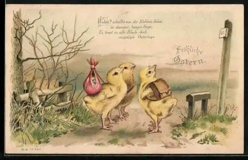 AK Osterküken schauen auf ein Strassenschild