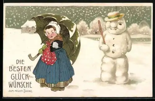 Künstler-AK Mädchen und Schneemann im Schneegestöber, Neujahrsgruss
