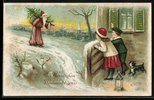 AK Kinder und Hund beobachten den Weihnachtsmann