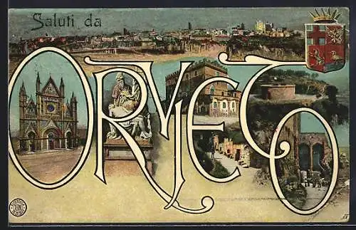 AK Orvieto, Panorama, Kirche, Denkmal und Wappen mit Schriftzug