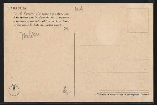 AK Sabaudia, Teilansicht mit Rathausturm und Segelschiff