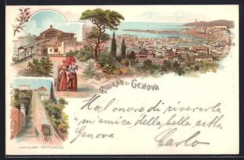 Lithographie Genova, Generalansicht, Funicolare Castellaccio