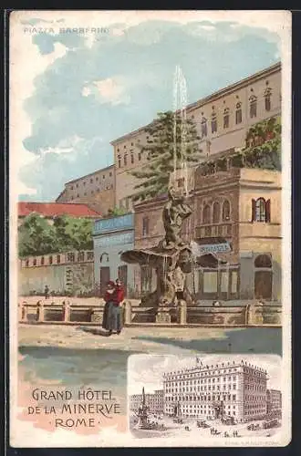 Lithographie Rome, Grand Hôtel de la Minerve, Piazza Barberini