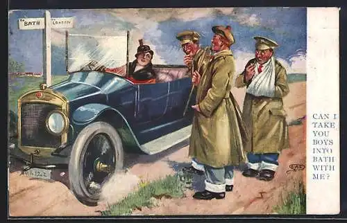 Künstler-AK Auto mit Dame hält für verwundete britische Soldaten