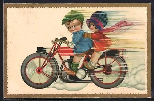 AK Junge und Mädchen auf Motorrad