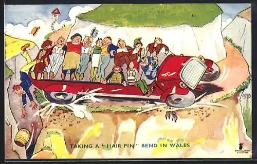 Künstler-AK Auto stürzt fast von einer Klippe