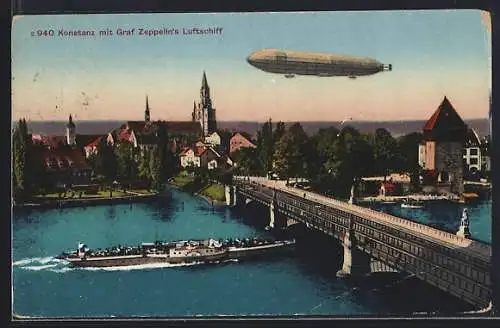 AK Konstanz, Graf Zeppelins Luftschiff über dem Ort