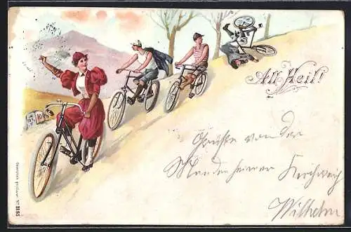 Lithographie Fahrrad, Mann stürzt vom Rad