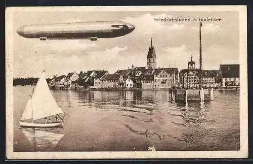 AK Friedrichshafen a. Bodensee, Zeppelin über dem Ort