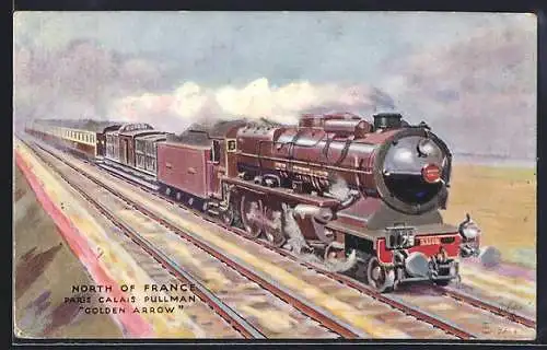 Künstler-AK Paris-Calais Pullman Golden Arrow, französische Eisenbahn