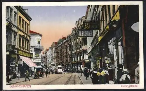 AK Ludwigshafen / Rhein, Ludwigstrasse mit Geschäften und Strassenbahn