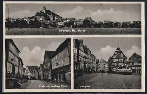 AK Kirchhain / Kassel, Totalansicht, Strasse mit Kaufhaus Figge, Markt