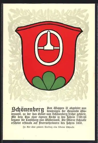 AK Schönenberg, Wappen auf Tannen-Ornamenten, Eichhörnchen, Info-Text
