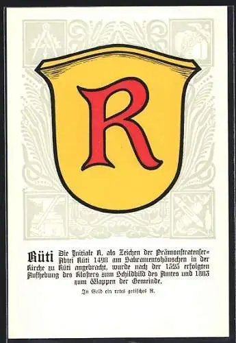 AK Rüti, Wappen auf Schilf-Ornamenten, Seerosen, Webschiffchen, Info-Text
