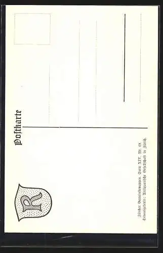 AK Rüti, Wappen auf Schilf-Ornamenten, Seerosen, Webschiffchen, Info-Text