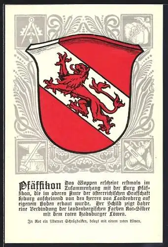 AK Pfäffikon, Wappen auf Wasserpflanzen-Ornamenten, Schlangenstab, Info-Text