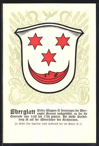 AK Oberglatt, Wappen auf Ähren-Ornamenten, Krug, Sicheln, Info-Text