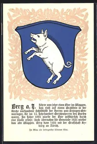 AK Berg a. G., Wappen auf Tannen-Ornamenten, Eichhörnchen, Info-Text