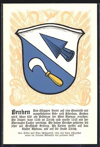 AK Benken, Wappen auf Ähren-Ornamenten, Vogel, Sicheln, Info-Text