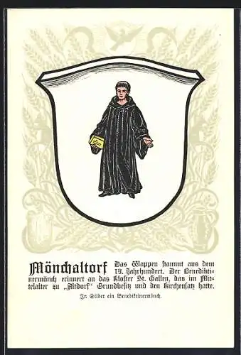 AK Mönchaltorf /ZH, Wappen auf Ähren-Ornamenten, Vogel, Sicheln, Info-Text