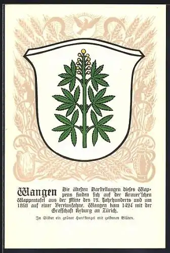 AK Wangen, Wappen auf Ähren-Ornamenten, Vogel, Sicheln, Info-Text