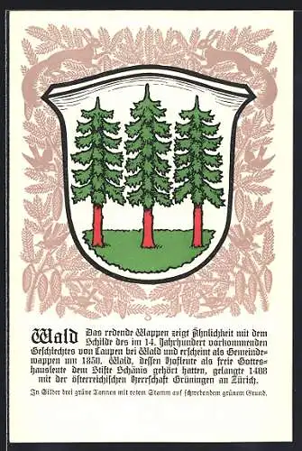 AK Wald, Wappen auf Tannen-Ornamenten, Eichhörnchen, Info-Text