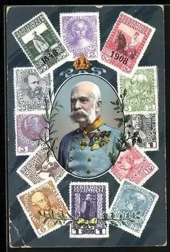 AK Kaiser Franz Josef I. von Österreich gerahmt von österreichischen Briefmarken