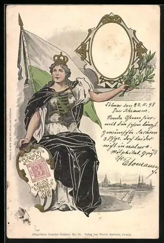 AK König Albert von Sachsen, Sächsische Briefmarke