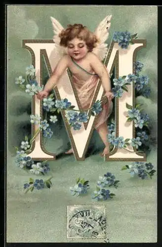 AK Engel dekoriert den Buchstaben M mit einer Blumengirlande