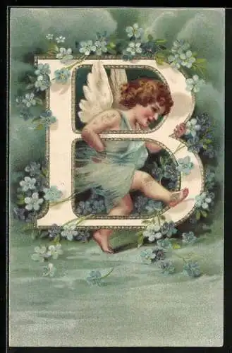 AK Engelchen am Buchstaben B mit Vergissmeinnicht
